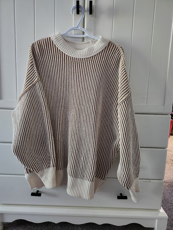 aerie Sweaters - Aerie Women's Cream and Brown Striped Knit Sweater Sz Oversized S